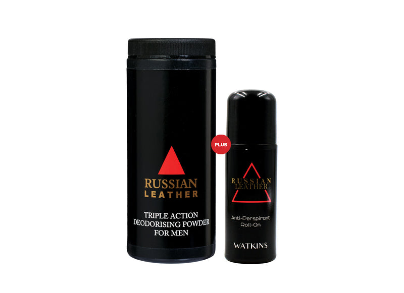 Russian Leather Triple Action Deodorising Powder PLUS Russian Leather Anti-Perspirant Roll-On 50ml