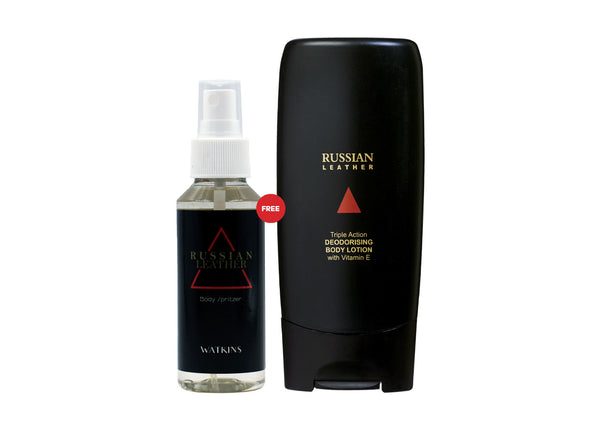 Russian Leather Body Spritzer 100ml PLUS Russian Leather Triple Action Deodorising Body Lotion 250ml